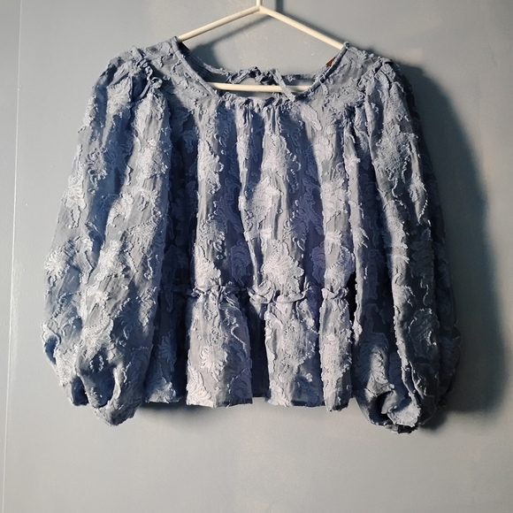 Free People Tops - Free People Blue Applique Floral Blouse Tie Back M